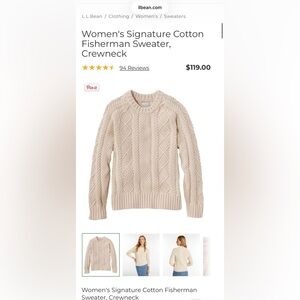L.L Bean Signature Cable Knit Cotton Fisherman Sweater Crewneck - Cream